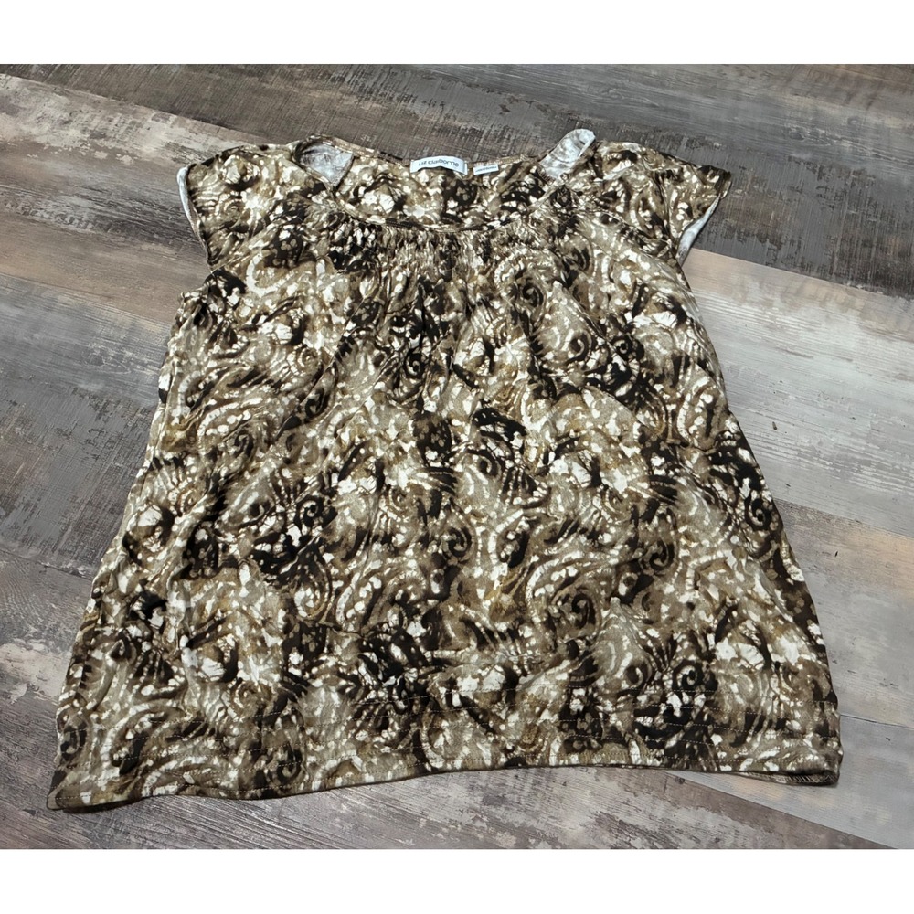 Liz Claiborne Womens XL Brown Abstract Swirl Print Cotton Cap Sleeve Blouse